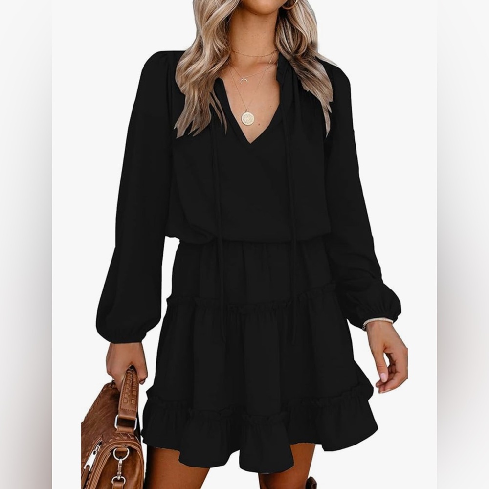NWT, XL, Women Tie V Neck Long Sleeve High Waist Ruffle Tiered A Line Mini Dress